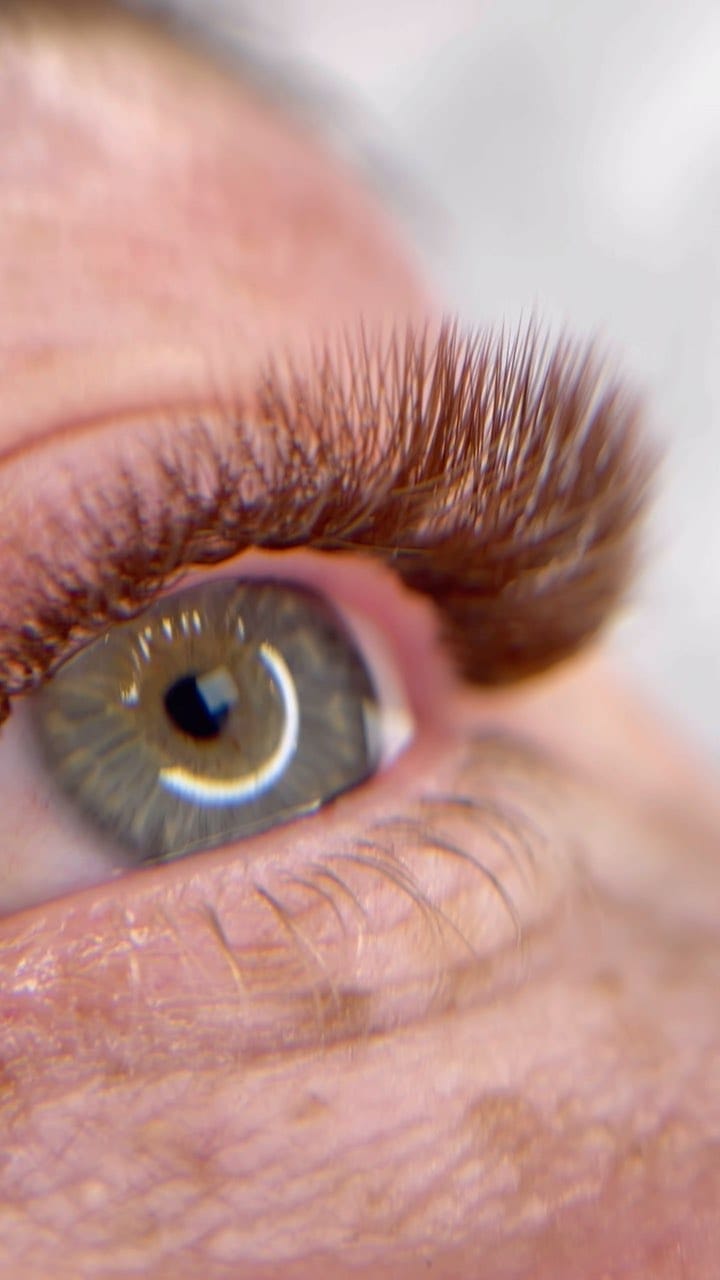 Warm brown Russian volume lash extensions in a soft cat-eye map